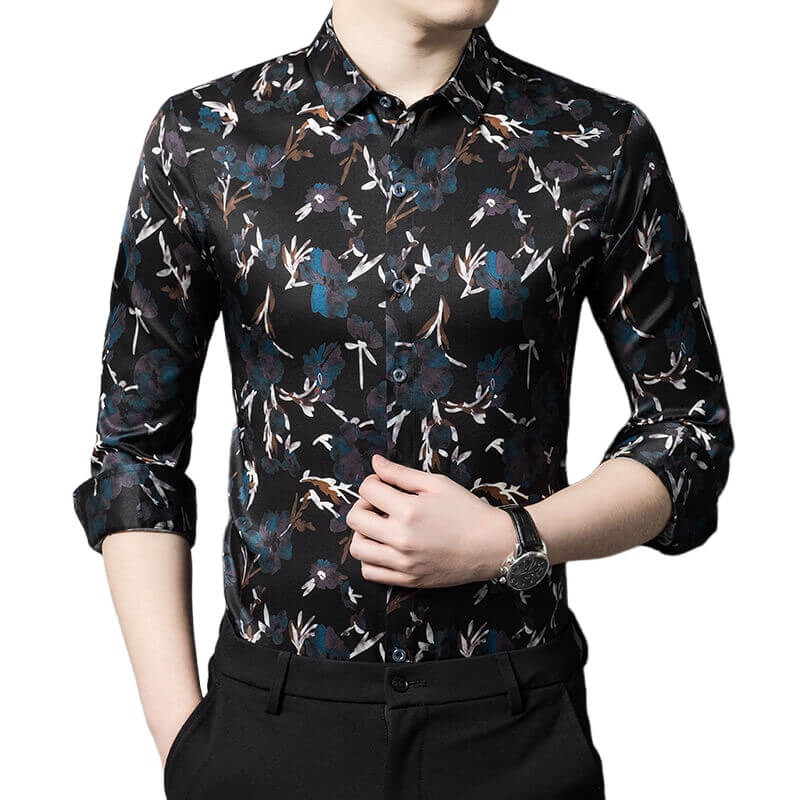 Black Leaves Printed Mens Long Sleeve Silk Dress Shirt