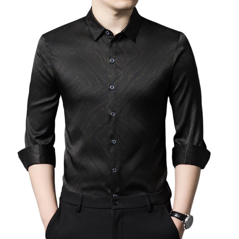 Brown Jacquard Long Sleeve Men's Long Sleeve Silk Shirt