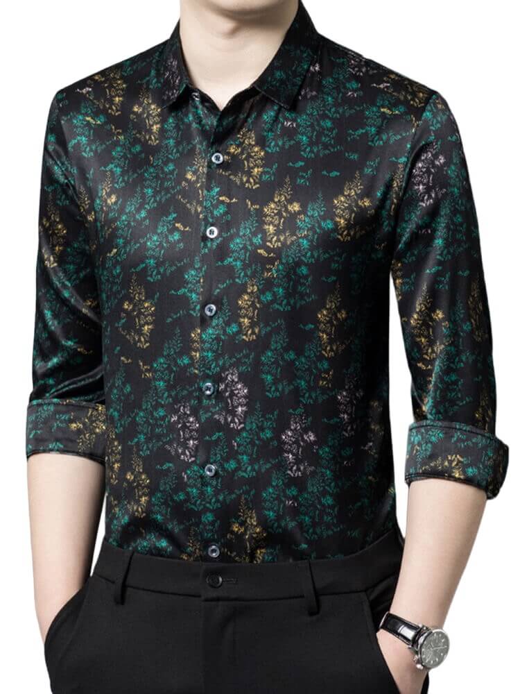 Green Leaf Printed Long Sleeve Mens Silk Shirt