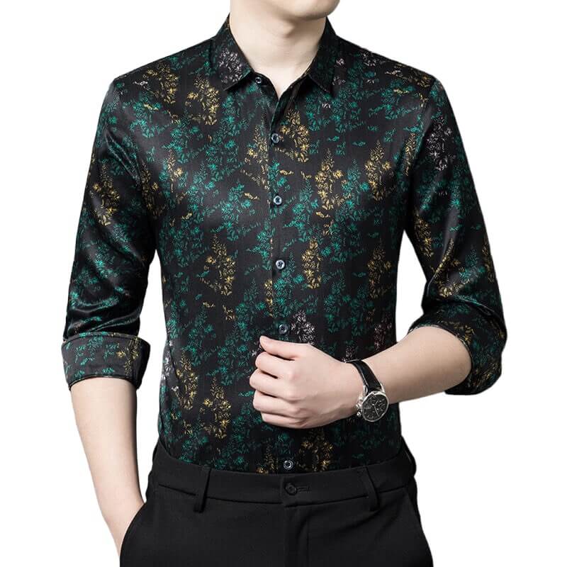 Green Leaf Printed Long Sleeve Mens Silk Shirt