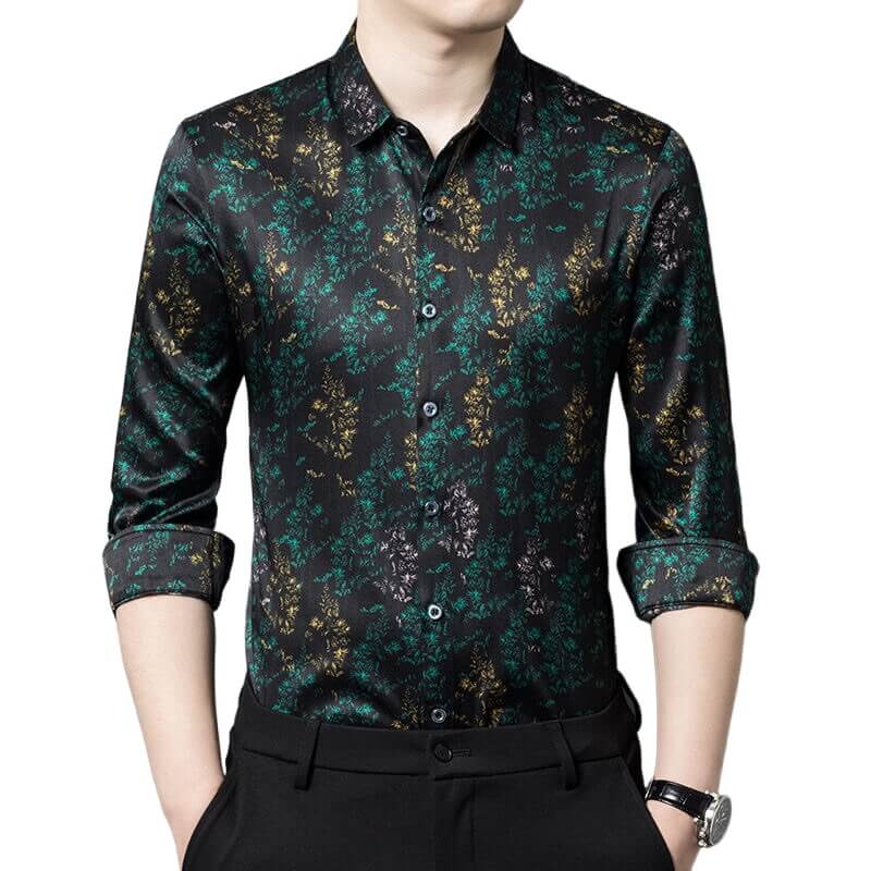 Green Leaf Printed Long Sleeve Mens Silk Shirt