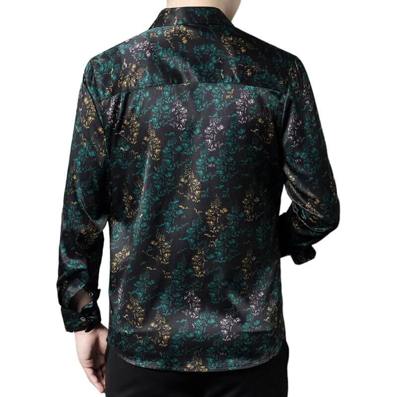 Green Leaf Printed Long Sleeve Mens Silk Shirt