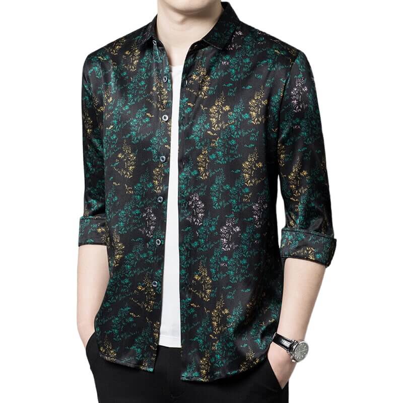 Green Leaf Printed Long Sleeve Mens Silk Shirt