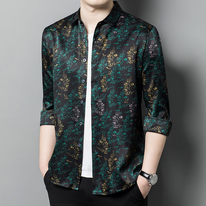 Green Leaf Printed Long Sleeve Mens Silk Shirt