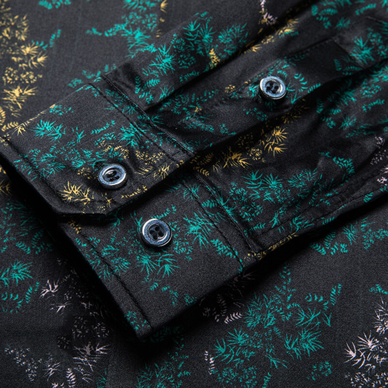 Green Leaf Printed Long Sleeve Mens Silk Shirt