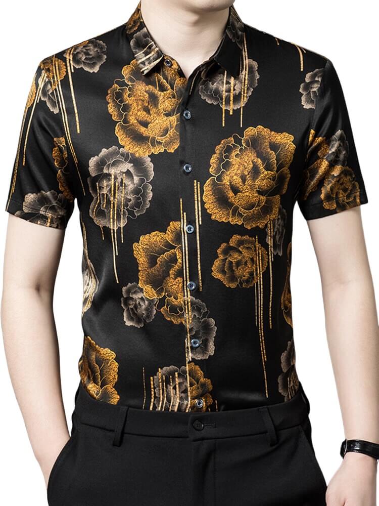 Gold Flowers Printed Mens Short Sleeve Silk Dress Shirt