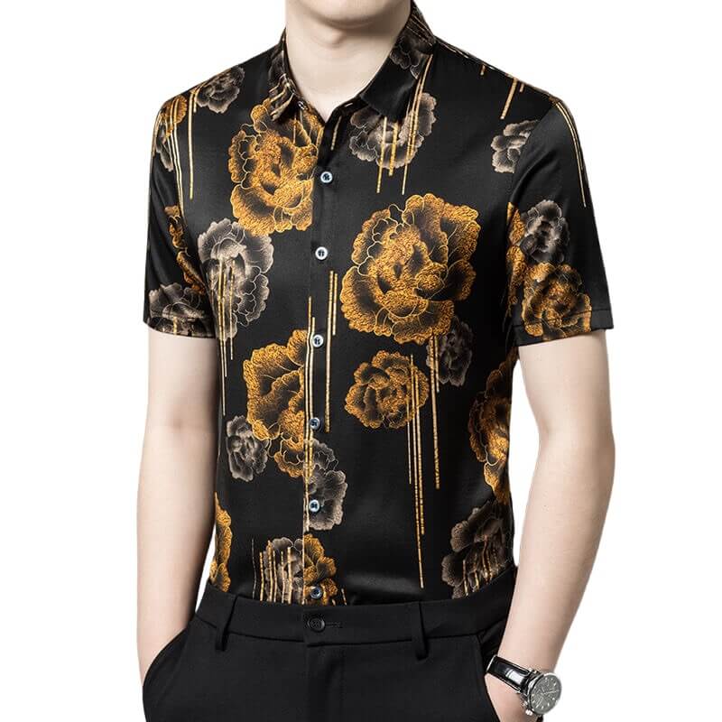 Gold Flowers Printed Mens Short Sleeve Silk Dress Shirt