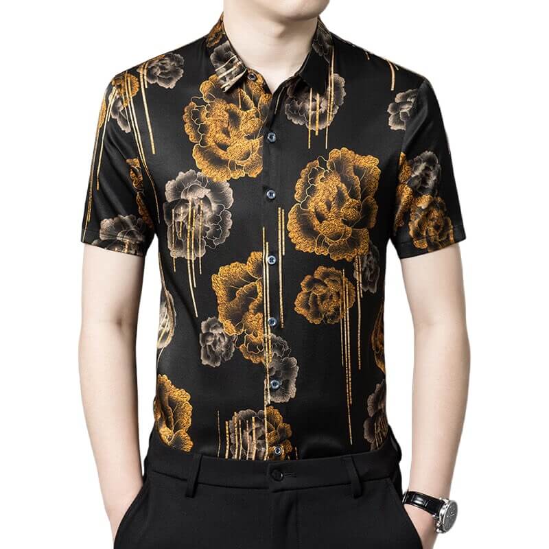 Gold Flowers Printed Mens Short Sleeve Silk Dress Shirt