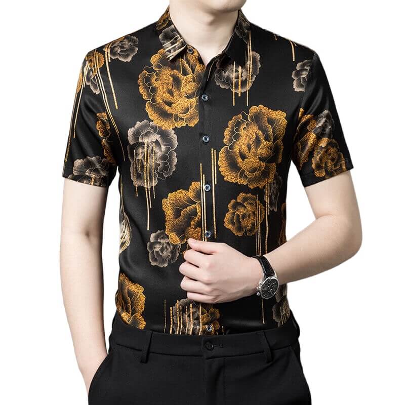 Gold Flowers Printed Mens Short Sleeve Silk Dress Shirt