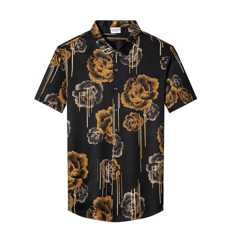 Gold Flowers Printed Mens Short Sleeve Silk Dress Shirt
