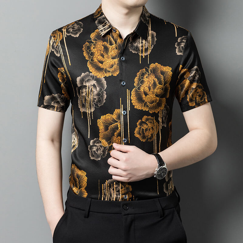 Gold Flowers Printed Mens Short Sleeve Silk Dress Shirt