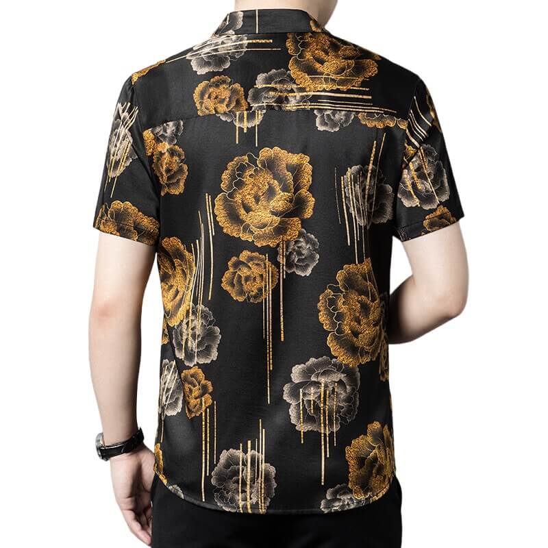 Gold Flowers Printed Mens Short Sleeve Silk Dress Shirt