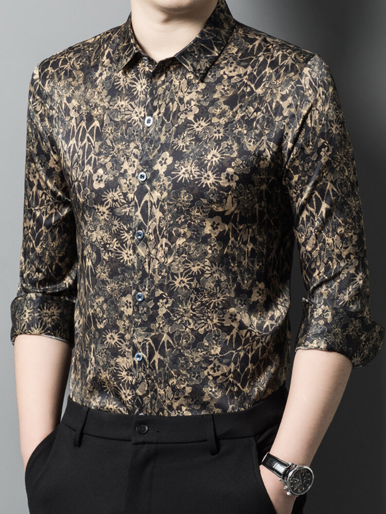 Black Floral Jacquard Long Sleeve Silk Shirt For Men