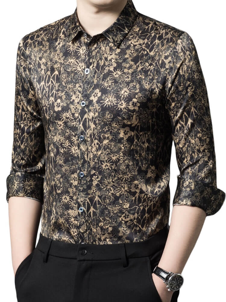 Black Floral Jacquard Long Sleeve Silk Shirt For Men