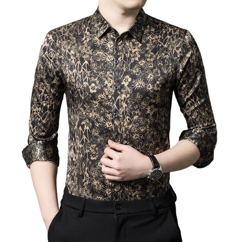 Black Floral Jacquard Long Sleeve Silk Shirt For Men