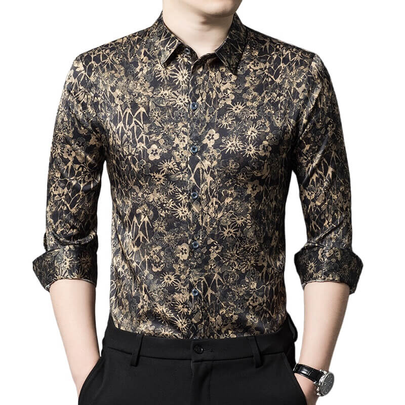 Black Floral Jacquard Long Sleeve Silk Shirt For Men