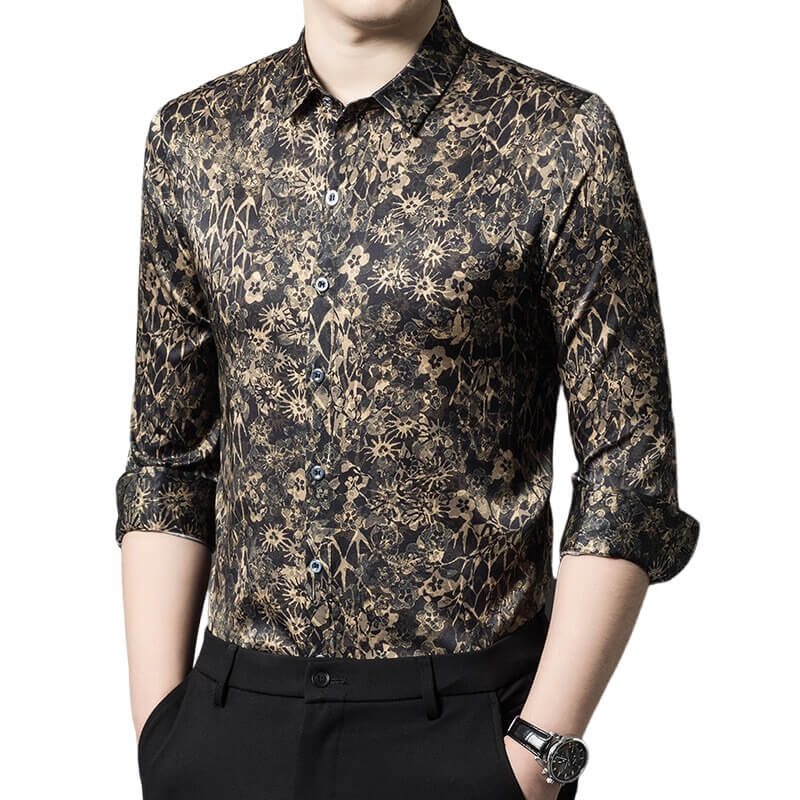 Black Floral Jacquard Long Sleeve Silk Shirt For Men