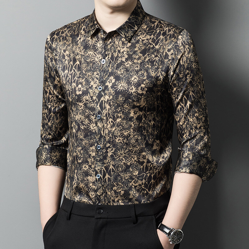 Black Floral Jacquard Long Sleeve Silk Shirt For Men
