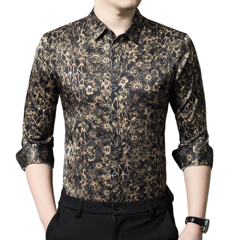 Black Floral Jacquard Long Sleeve Silk Shirt For Men