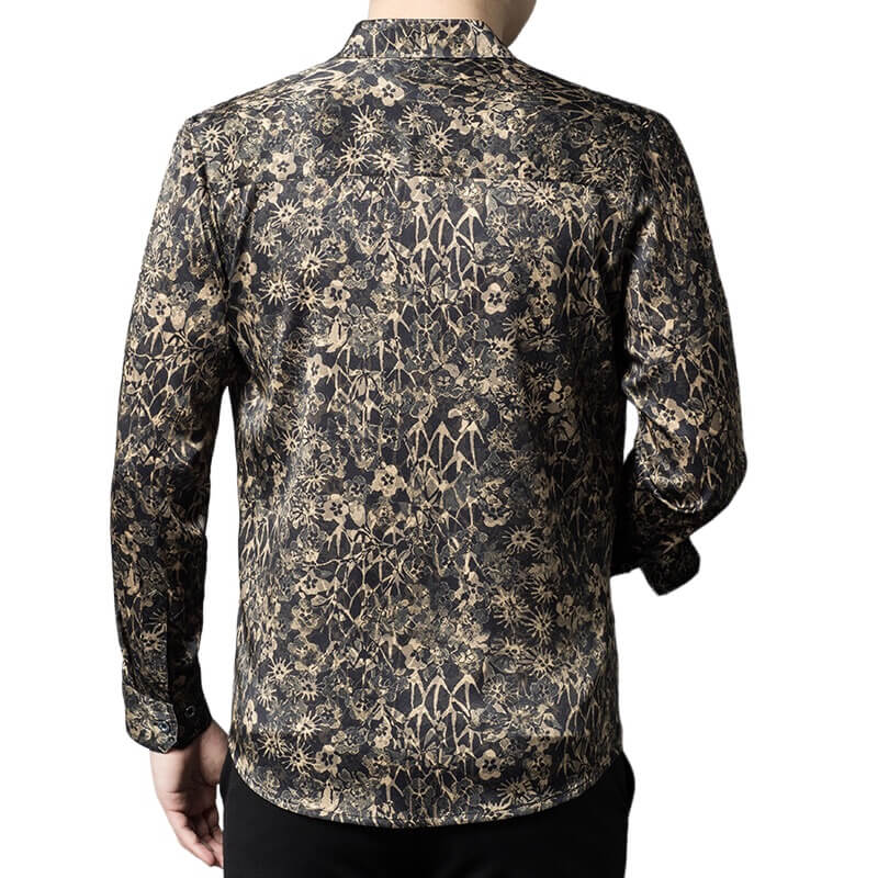 Black Floral Jacquard Long Sleeve Silk Shirt For Men