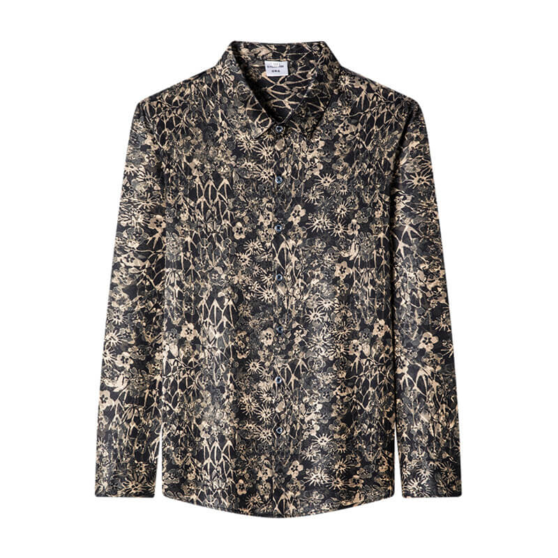 Black Floral Jacquard Long Sleeve Silk Shirt For Men