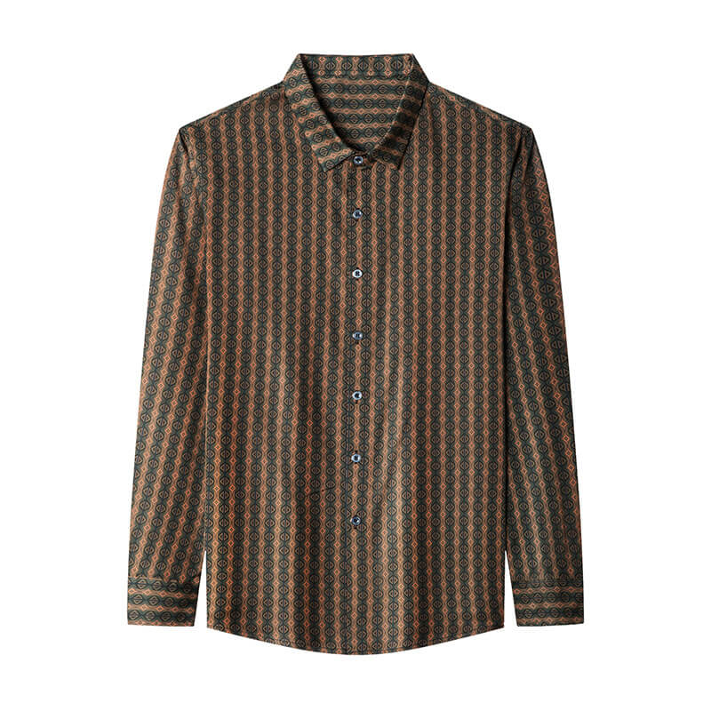 Brown Printed Long Sleeve Button Up Silk Dress Shirt For Men