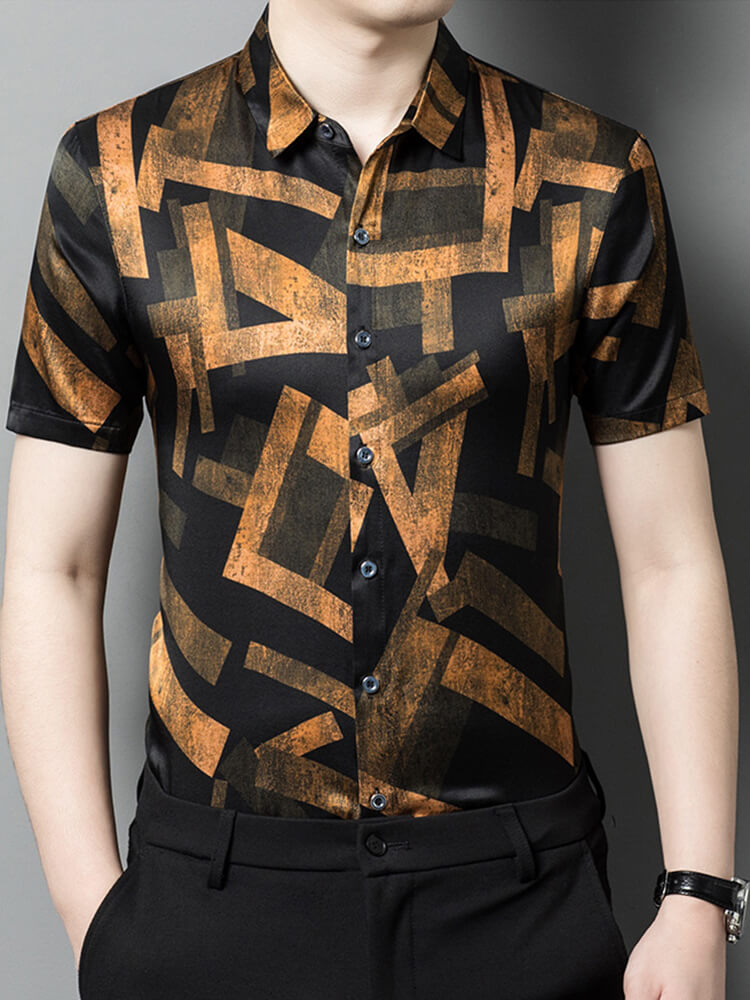 Men's Black Gold Printed Short Sleeve Silk Shirt