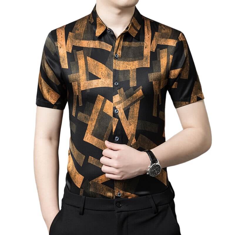 Men's Black Gold Printed Short Sleeve Silk Shirt