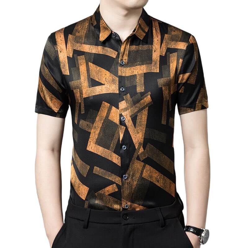 Men's Black Gold Printed Short Sleeve Silk Shirt