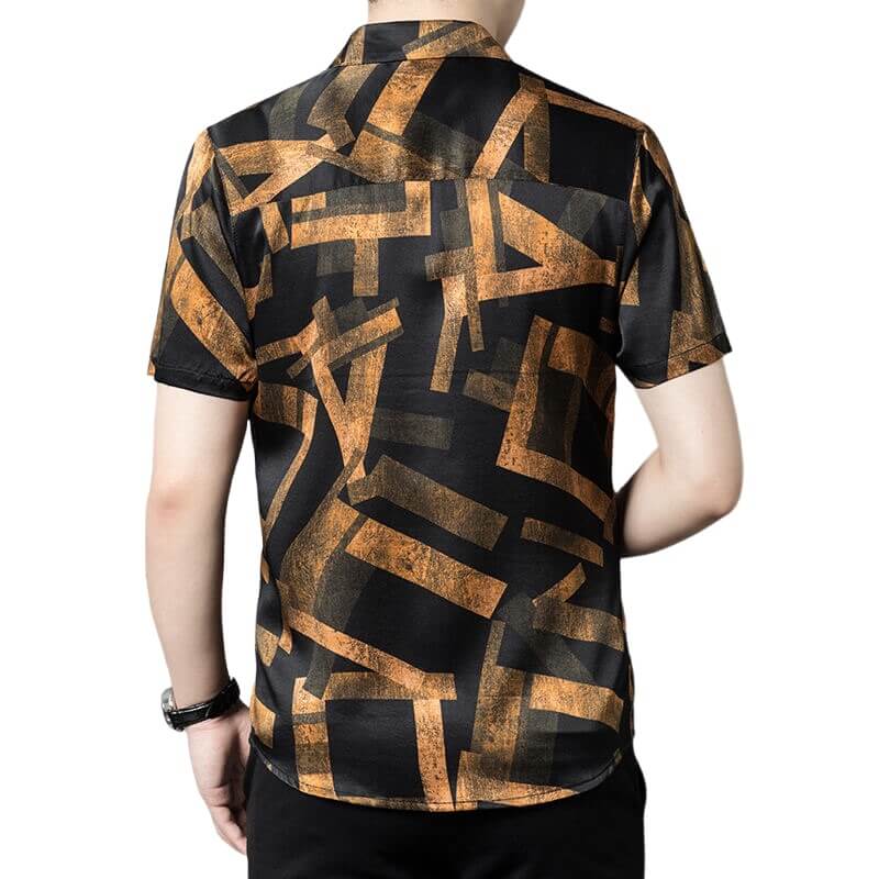 Men's Black Gold Printed Short Sleeve Silk Shirt