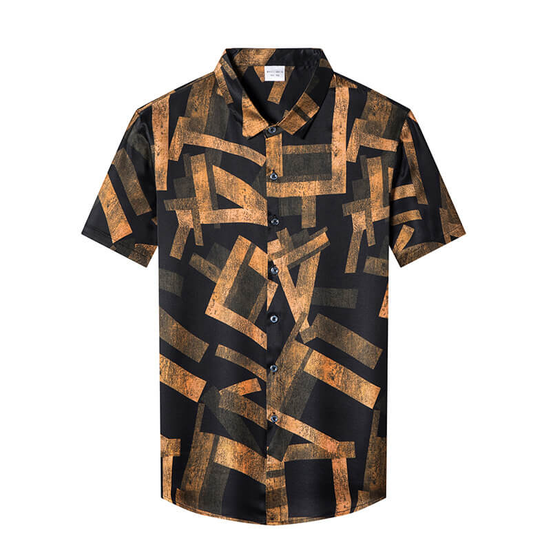 Men's Black Gold Printed Short Sleeve Silk Shirt
