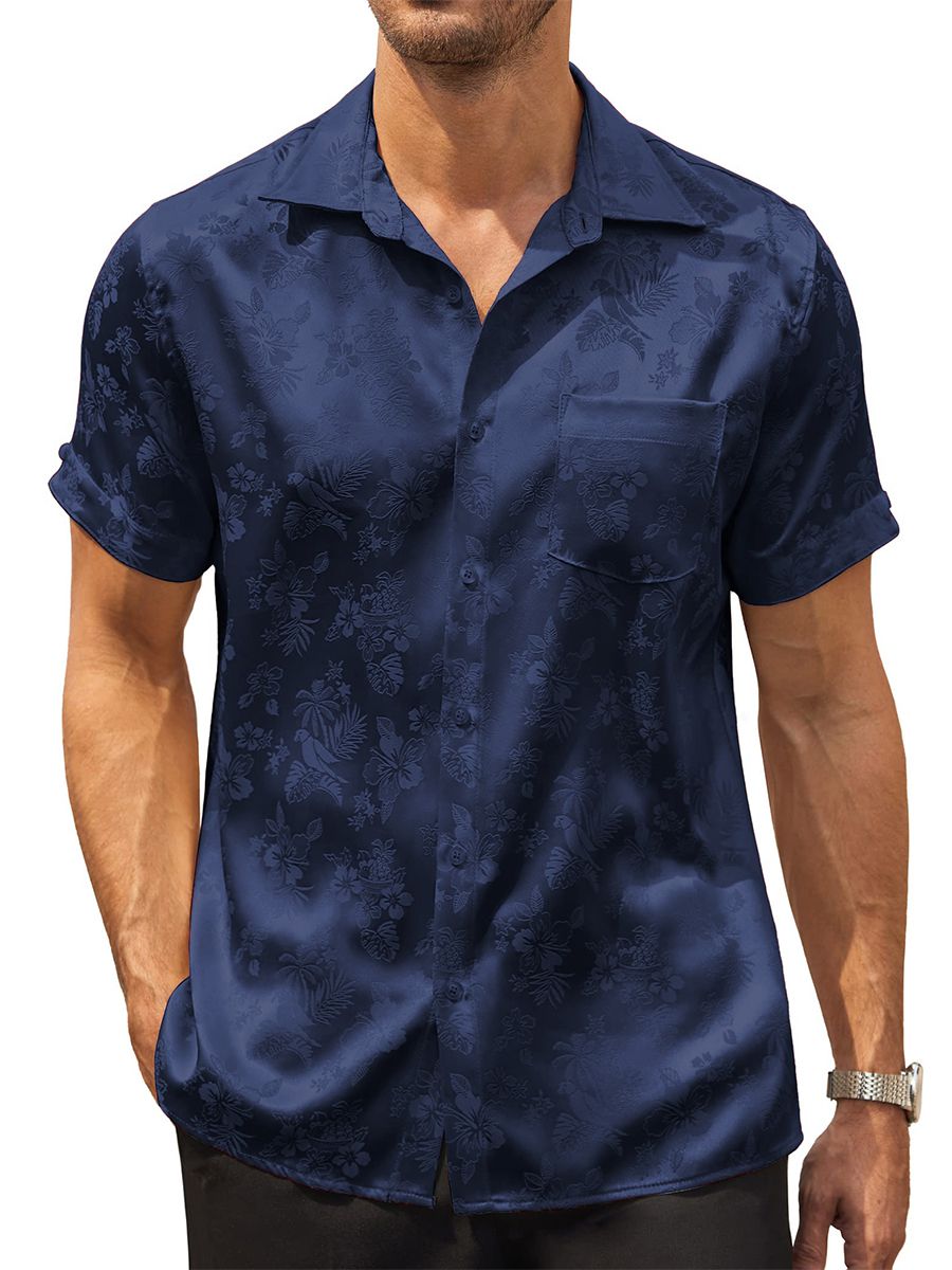 Men’s Floral Jacquard Button-Up Summer Short Sleeve Silk Shirt