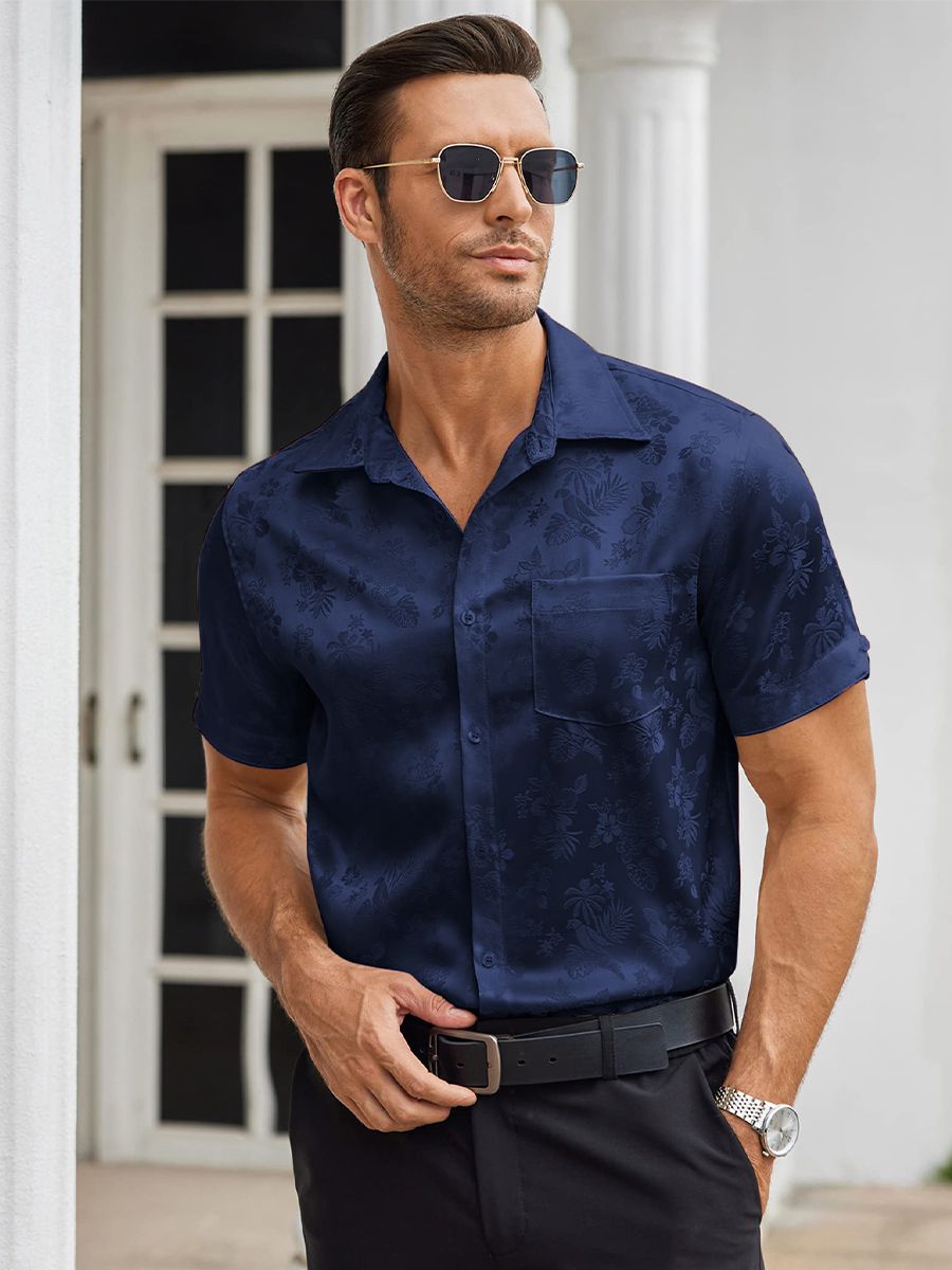 Men’s Floral Jacquard Button-Up Summer Short Sleeve Silk Shirt