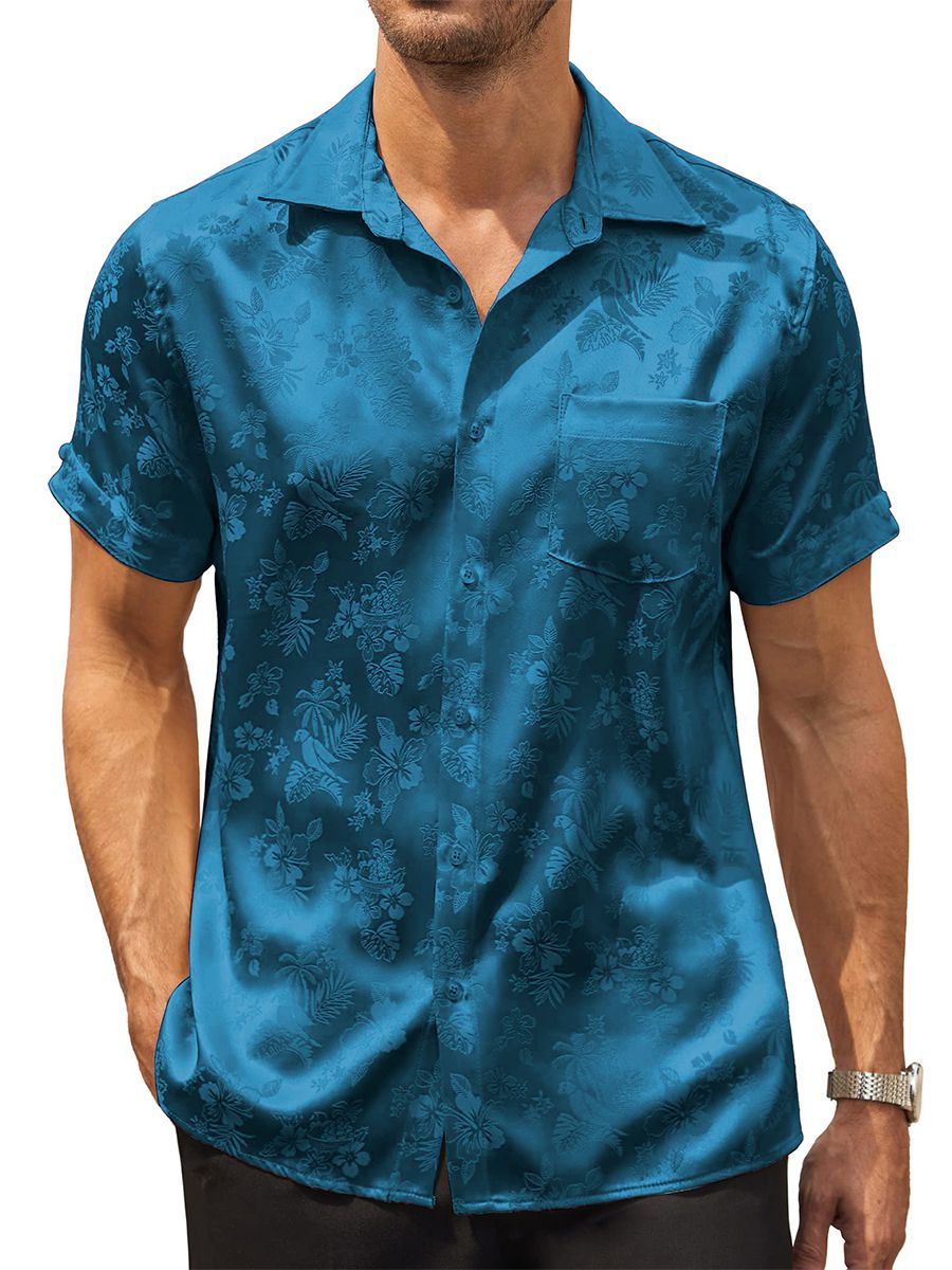 Men’s Floral Jacquard Button-Up Summer Short Sleeve Silk Shirt