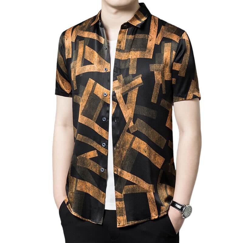 Black and Gold Printed Short Sleeve Button Up Silk Shirt For Men