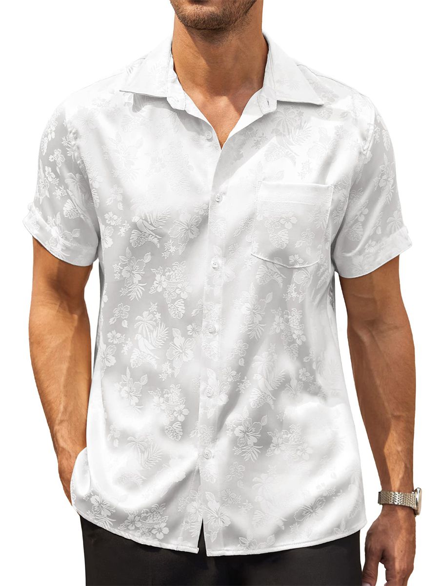 Men’s Floral Jacquard Button-Up Summer Short Sleeve Silk Shirt