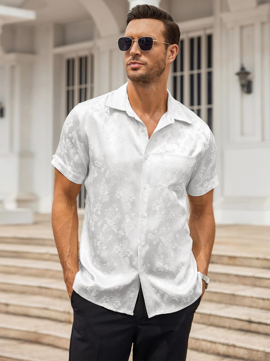 Men’s Floral Jacquard Button-Up Summer Short Sleeve Silk Shirt