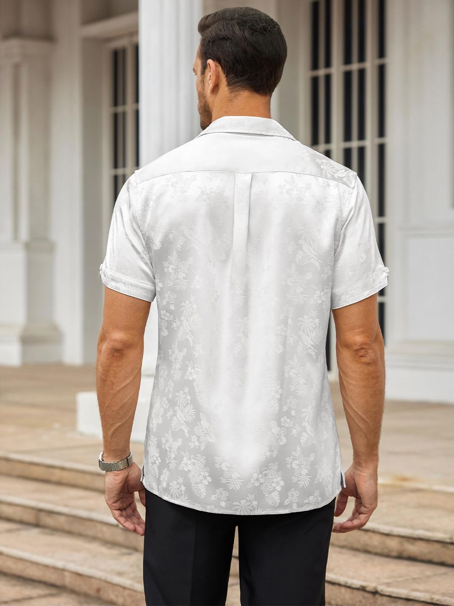 Men’s Floral Jacquard Button-Up Summer Short Sleeve Silk Shirt
