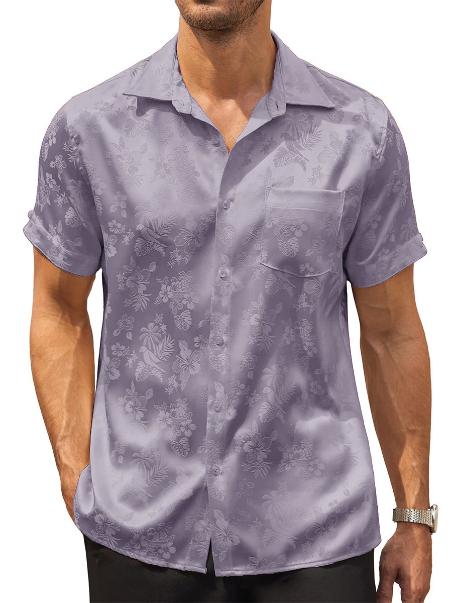 Men’s Floral Jacquard Button-Up Summer Short Sleeve Silk Shirt