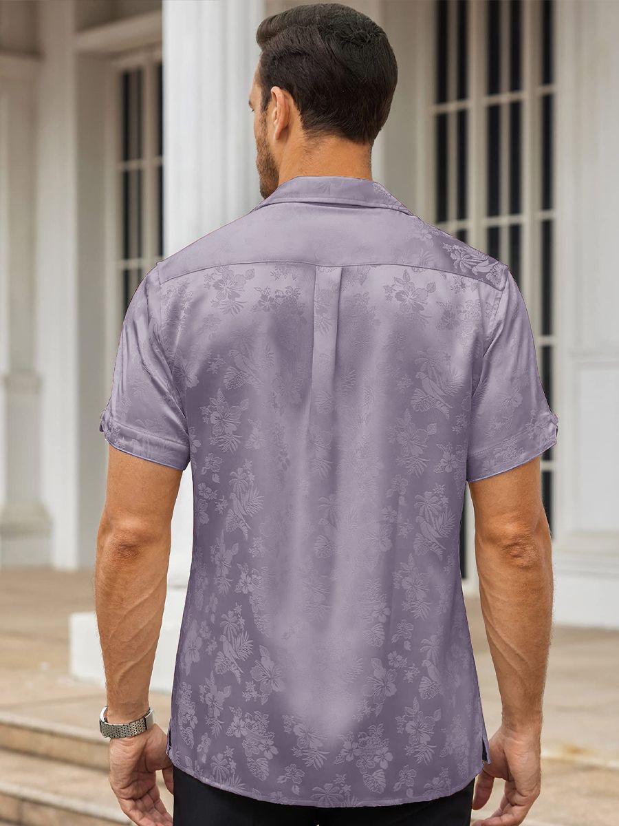 Men’s Floral Jacquard Button-Up Summer Short Sleeve Silk Shirt