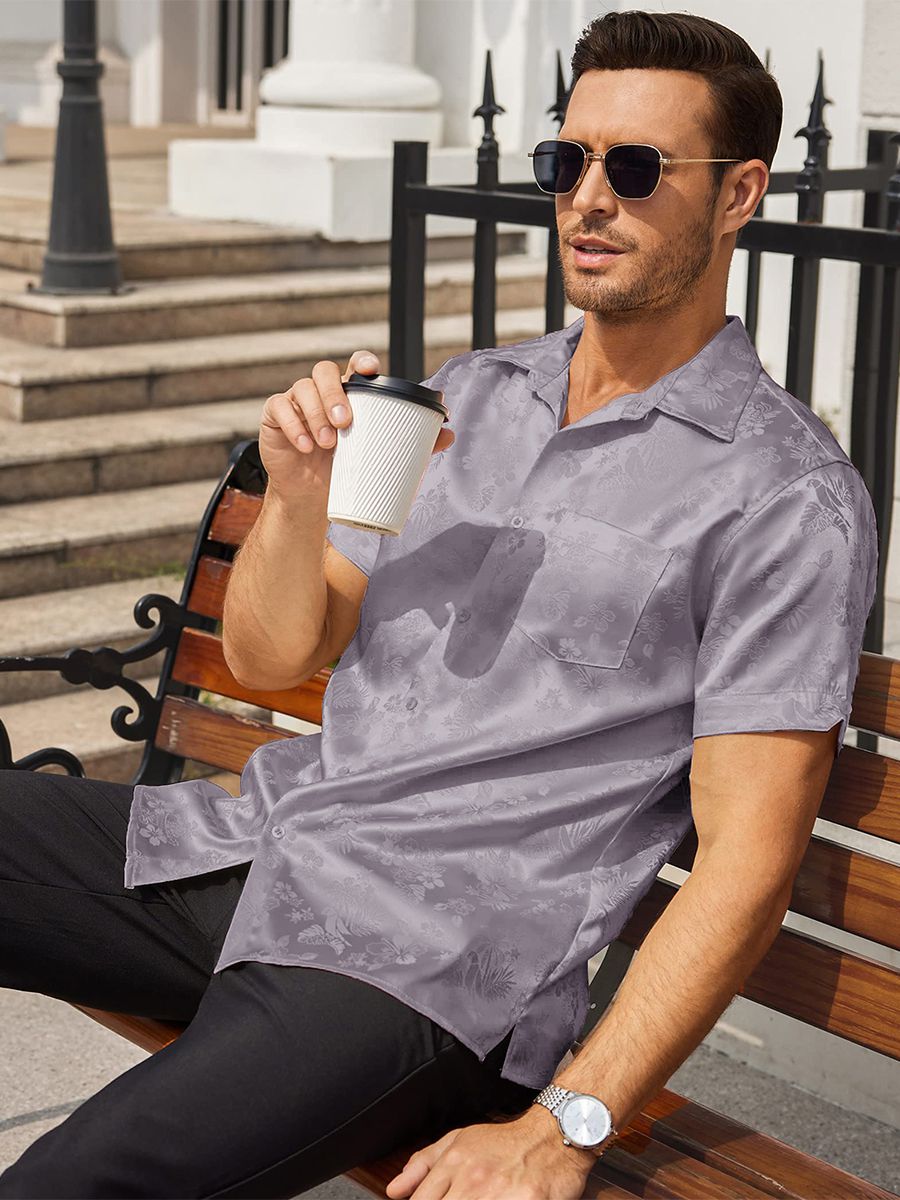 Men’s Floral Jacquard Button-Up Summer Short Sleeve Silk Shirt