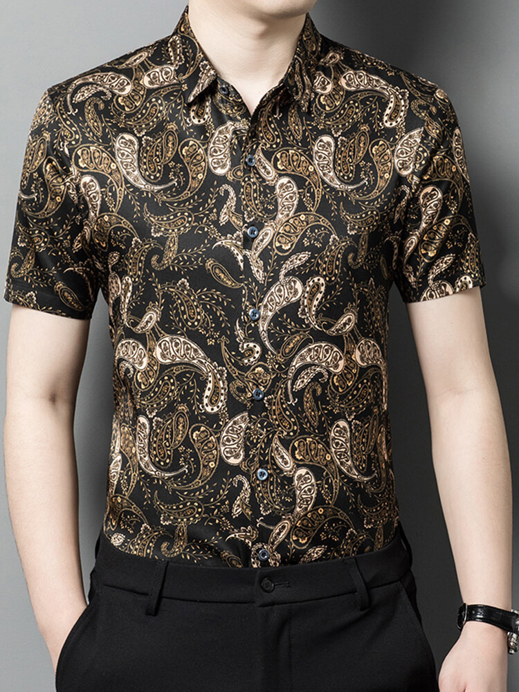Paisley Print Black Short Sleeve Silk Shirt For Men