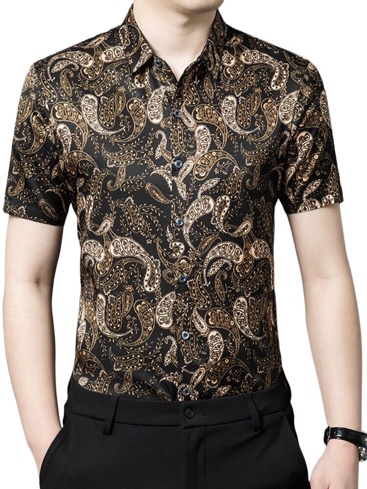 Paisley Print Black Short Sleeve Silk Shirt For Men