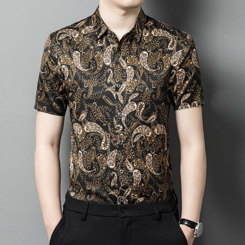 Paisley Print Black Short Sleeve Silk Shirt For Men