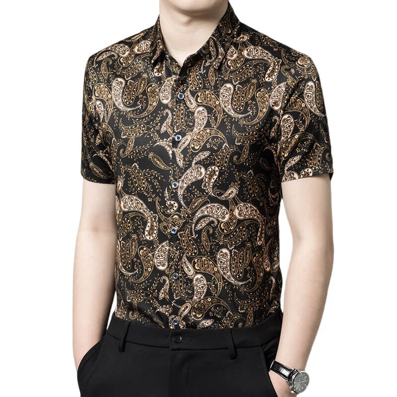 Paisley Print Black Short Sleeve Silk Shirt For Men