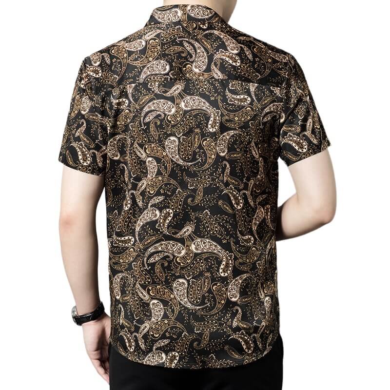 Paisley Print Black Short Sleeve Silk Shirt For Men