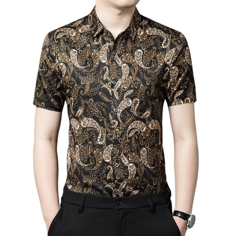 Paisley Print Black Short Sleeve Silk Shirt For Men