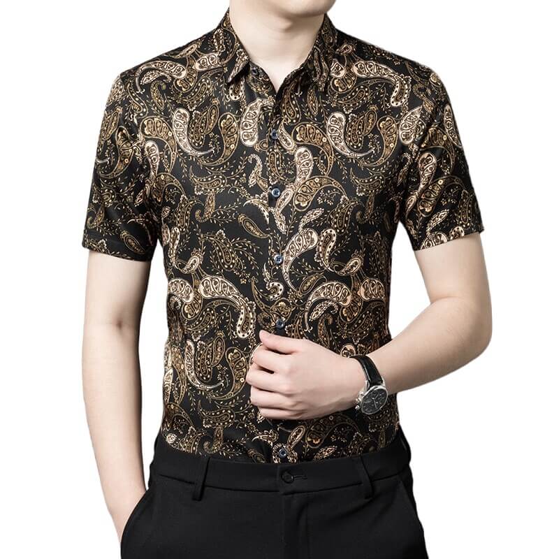 Paisley Print Black Short Sleeve Silk Shirt For Men