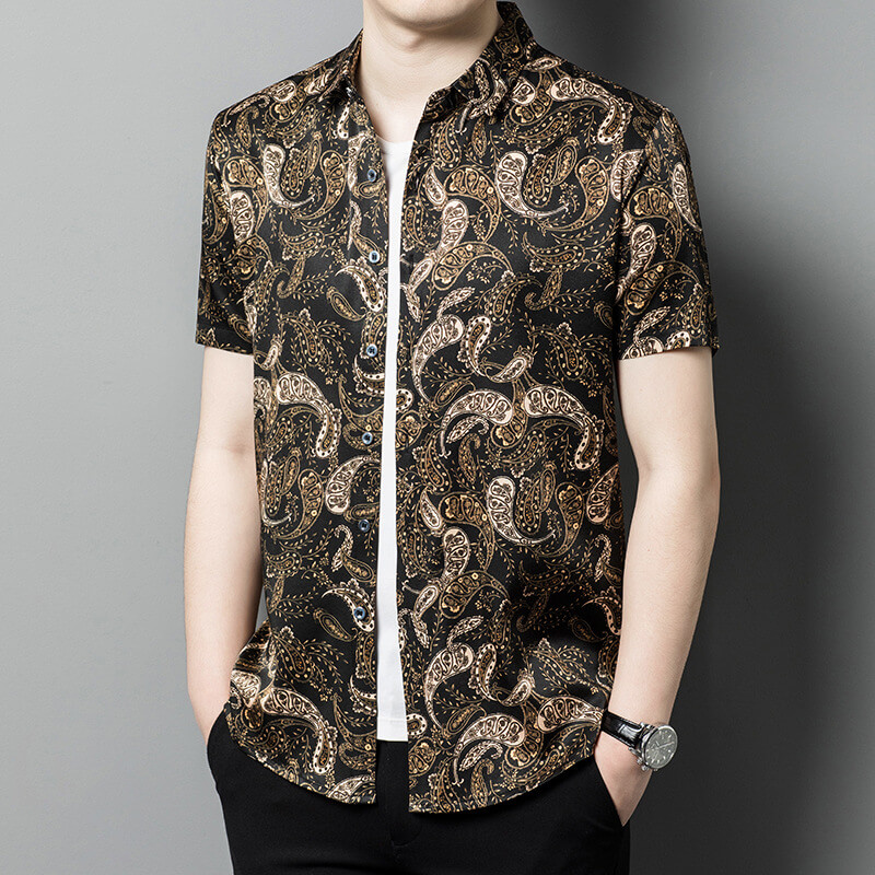 Paisley Print Black Short Sleeve Silk Shirt For Men