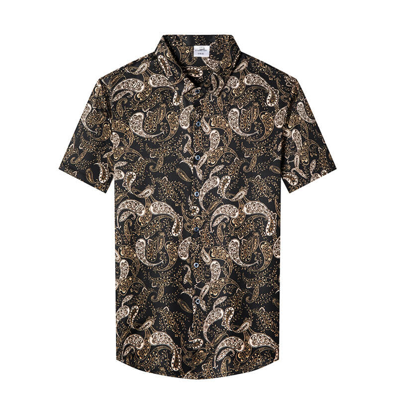 Paisley Print Black Short Sleeve Silk Shirt For Men